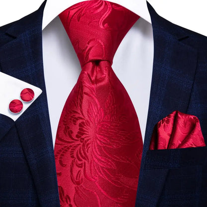 Hi-Tie Red Burgundy Plaid Silk Tie Set — Designer Men’s Necktie with Handkerchief & Cufflinks for Wedding or Business