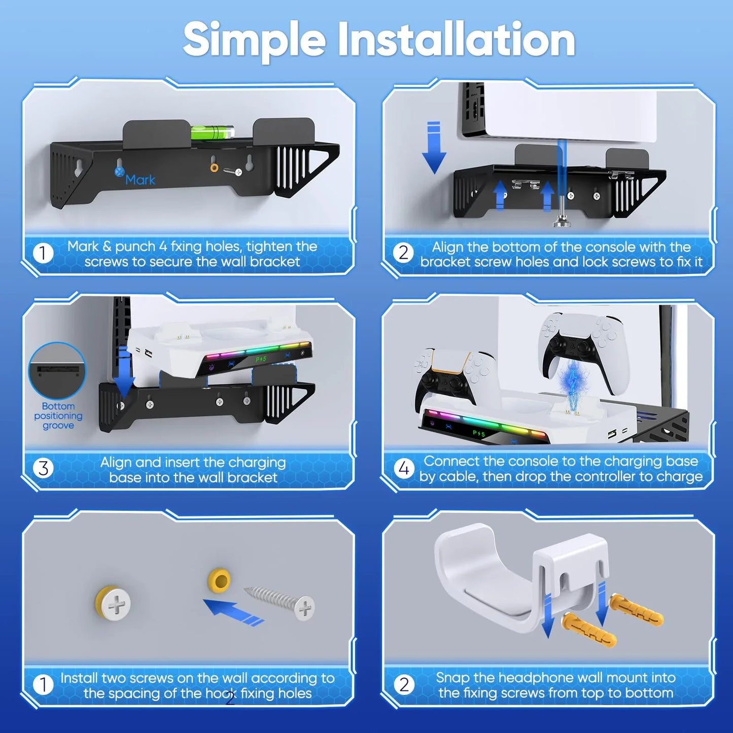 PS5/PS5 Pro/Slim Wall Mount Kit – RGB Light Stand with Charging Station & Headset Hanger for Dual Controllers