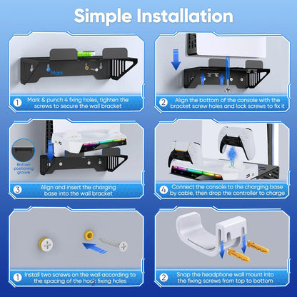 PS5/PS5 Pro/Slim Wall Mount Kit – RGB Light Stand with Charging Station & Headset Hanger for Dual Controllers