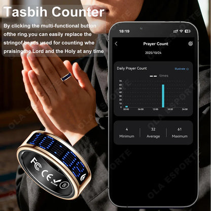 Smart Ring with Display Screen & Touch Control – Call ID Reminder, Tasbih Counter, Health Manager, 5ATM Waterproof Multi-Sport Mode Fitness Ring for Men & Women
