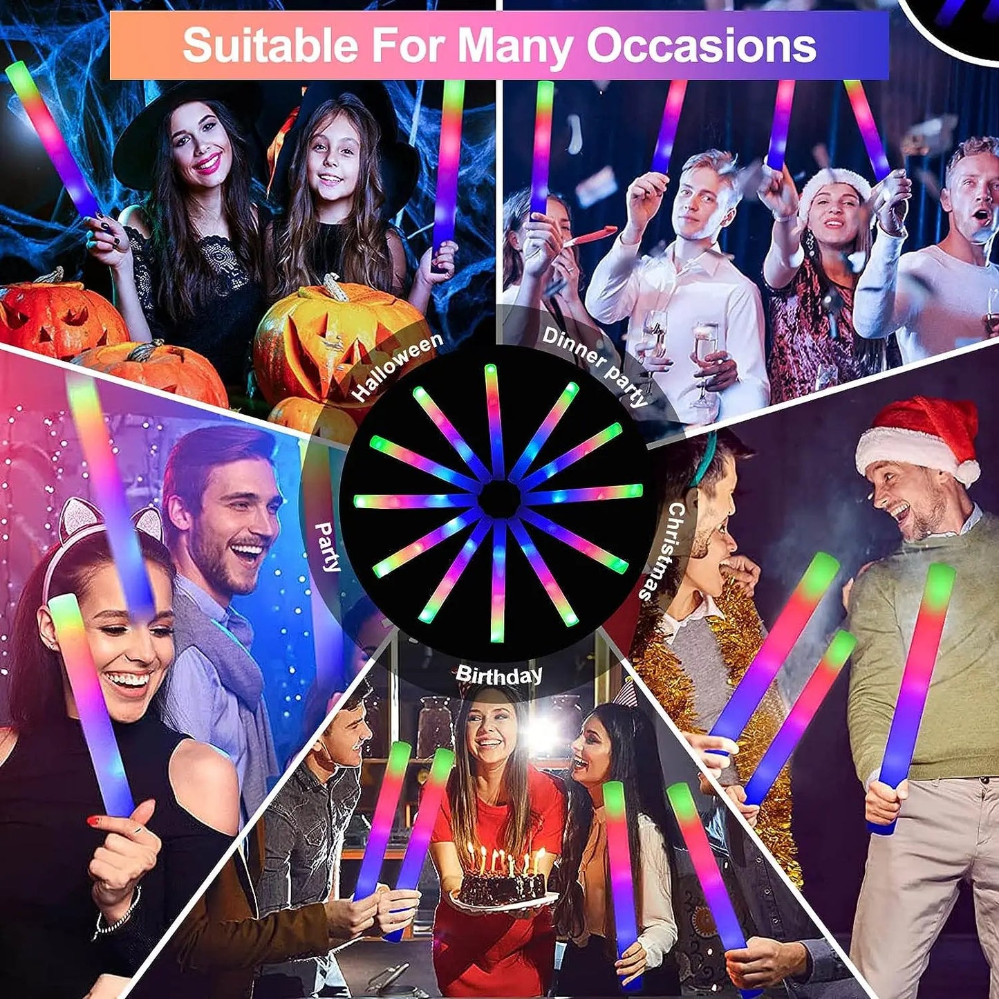 LED Glow Sticks Bulk - 8/10/15/20pcs Colorful RGB Glow Foam Stick for Christmas, Birthday, Wedding, and Glow-in-The-Dark Party Supplies