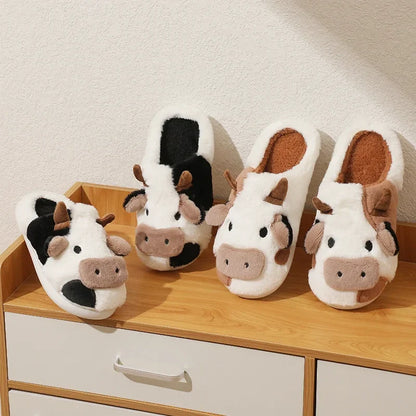 New Winter Cartoon Cow Warm Plush Slippers: Unisex Couple's Indoor Non-Slip House Slides - Toe Wrap Cotton Shoes