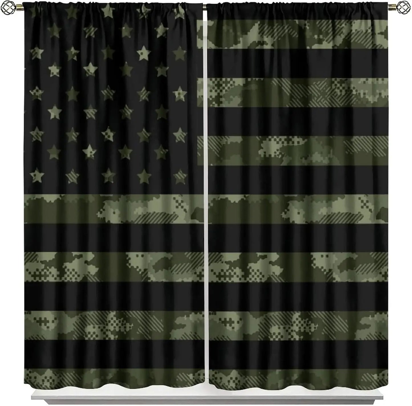 Flag Blackout Curtains – Rustic Green Camo Military USA Flag with Vintage Black Stripes and Thermal Insulation