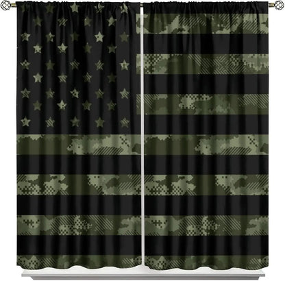 Flag Blackout Curtains – Rustic Green Camo Military USA Flag with Vintage Black Stripes and Thermal Insulation