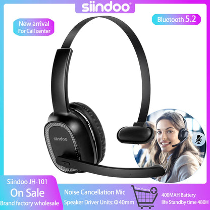 Siindoo JH-101 Wireless Call Center Headset with Mic — Noise Canceling Office Headphones 50H Talk Time