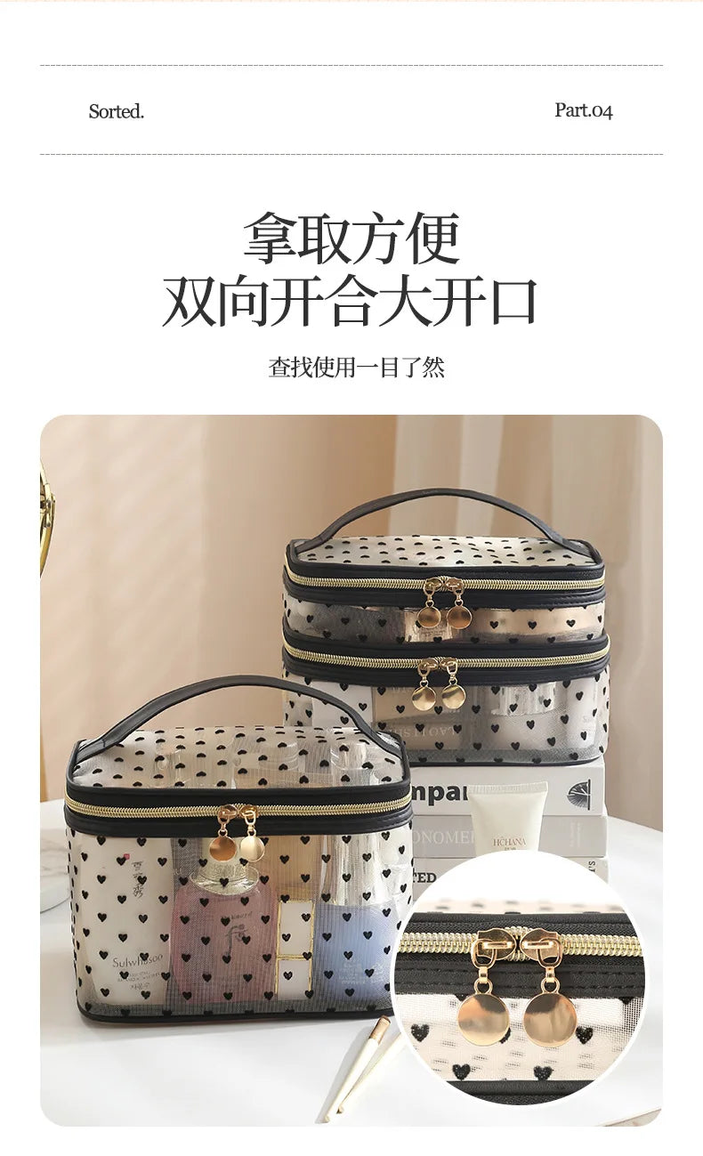 Double-Layer Black Mesh Cosmetic Bag – Large Capacity Travel Makeup Case Organizer with Zipper Toiletry Pouch