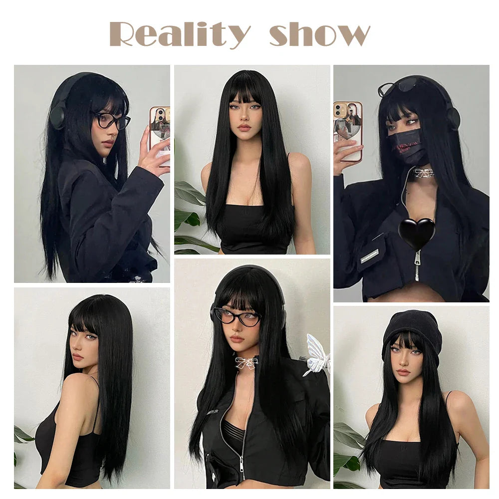 EASIHAIR Long Silky Straight Synthetic Wigs with Bangs: Black Cosplay Party Lolita Hair Wigs for Women - Natural Heat Resistant Wig