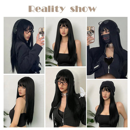 EASIHAIR Long Silky Straight Synthetic Wigs with Bangs: Black Cosplay Party Lolita Hair Wigs for Women - Natural Heat Resistant Wig
