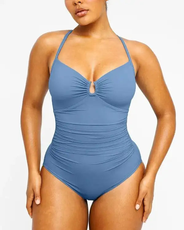 Smart Sculpt U-Ring One Piece Swimsuit - Shiny V-Neck Ruching Waist Backless Shaping Beachwear