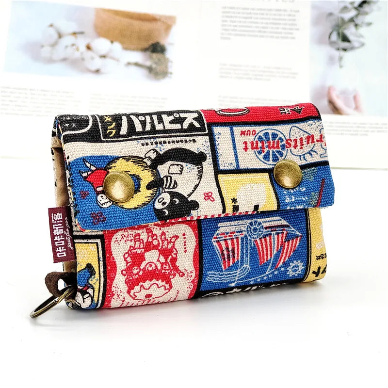Women’s Canvas Cartoon Card Wallet – Foldable Key Organizer & Coin Purse, Small Pouch Money Bag for Girls 2024