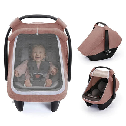 Baby Car Seat Cover – Breathable Muslin Cotton Canopy with Mesh Window, Infant Stroller Sun Shade & Carrier Protection Cover