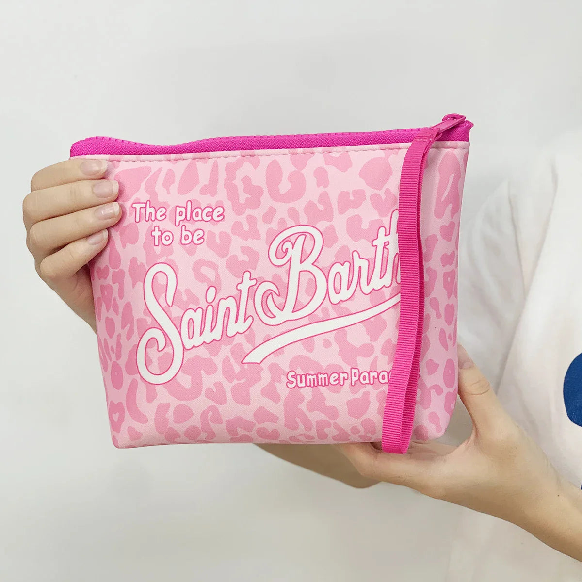 S-SAINT BARTH Pink Neoprene Clutch Bag – Trendy Vertical Zip Pouch Makeup & Toiletry Purse for Women