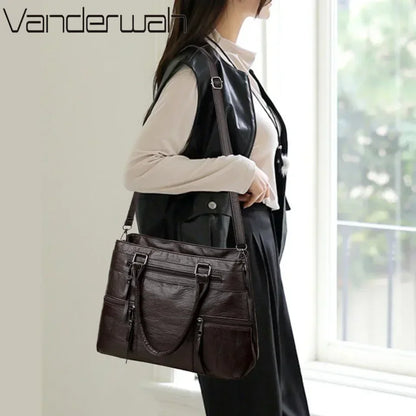 Women's Leather Handbag - Elegant Top-Handle Shoulder Crossbody Bag with Large Casual Tote Design