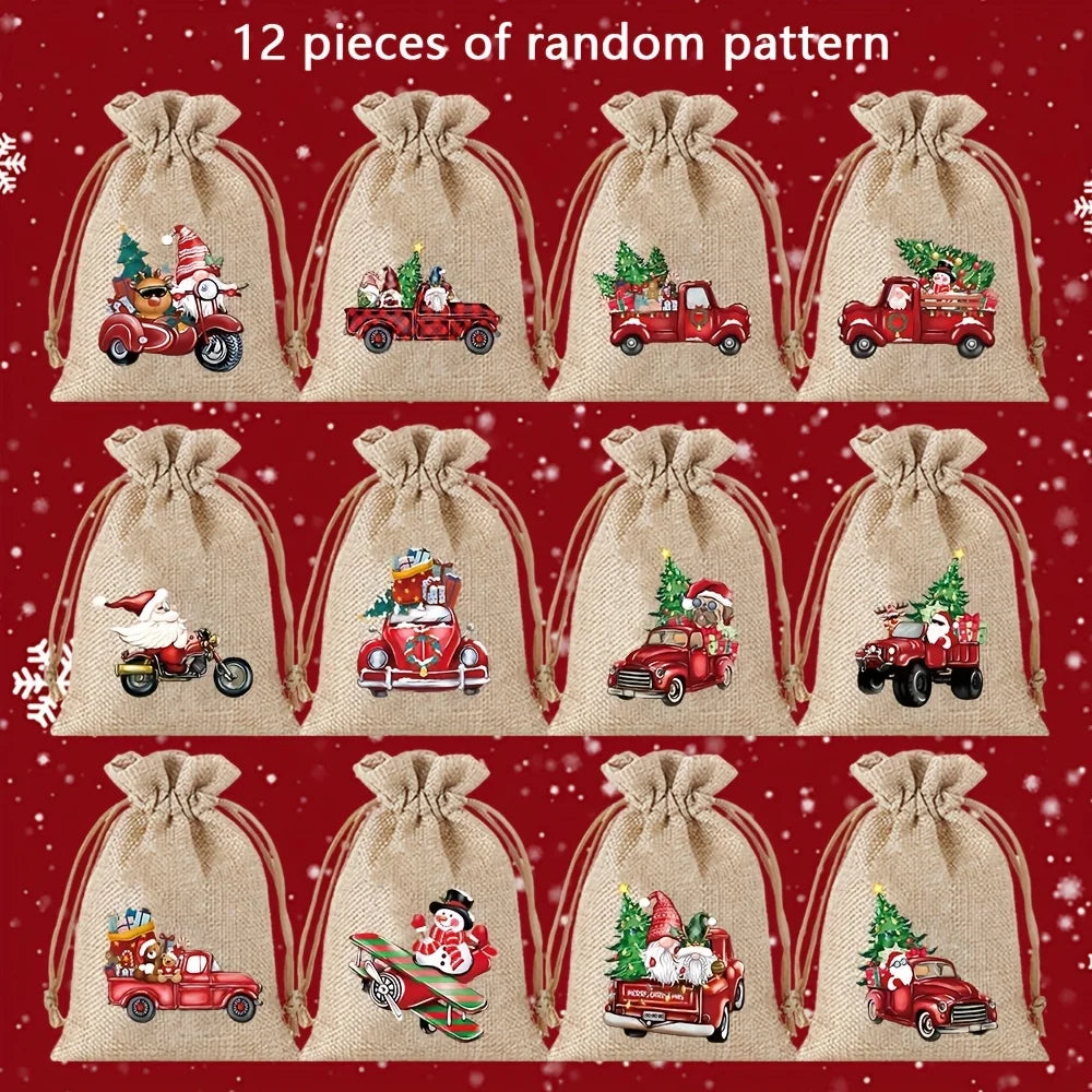 12PCS Christmas Linen Drawstring Gift Bags – 13×18cm Jewelry & Party Pouches with Random Patterns