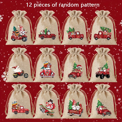 12PCS Christmas Linen Drawstring Gift Bags – 13×18cm Jewelry & Party Pouches with Random Patterns