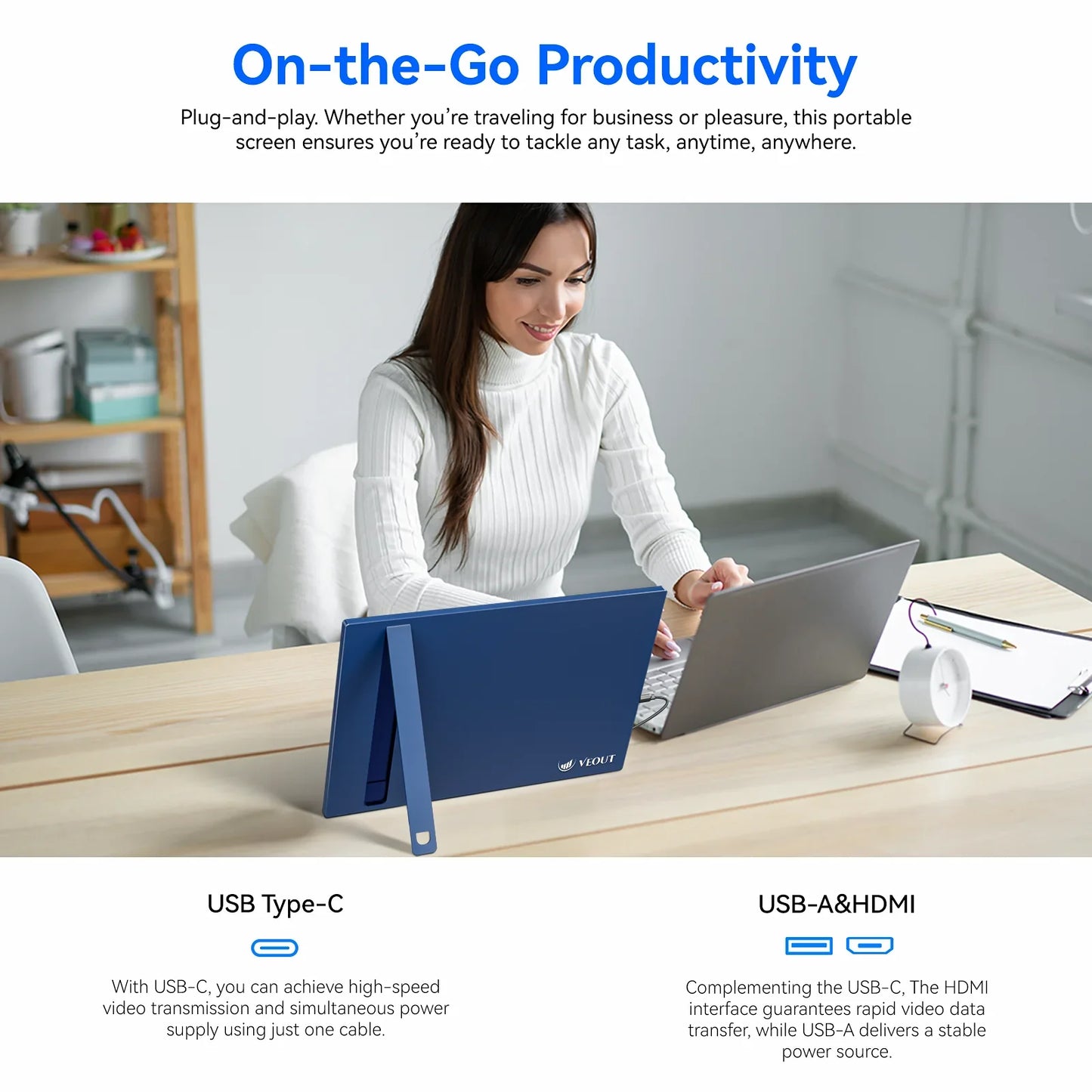 VEOUT 16-Inch 60Hz Gaming Portable Monitor – 16:10 IPS 1200P LCD FHD External Display for Laptop & Phone
