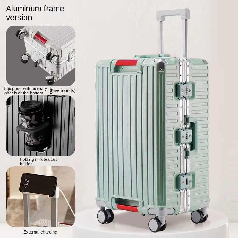 30-Inch Five-Wheel Aluminum Frame Suitcase — Multifunctional Cabin Luggage with Password Lock, USB Port & Cup Holder