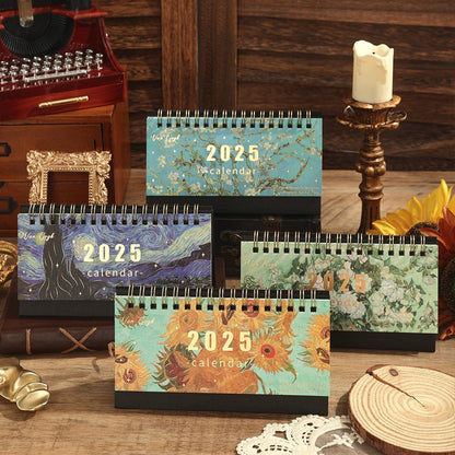 2025 Vintage Painting Desk Calendar – Flip Monthly Schedule with Memo Notes | Tabletop Calendar for Home & Office