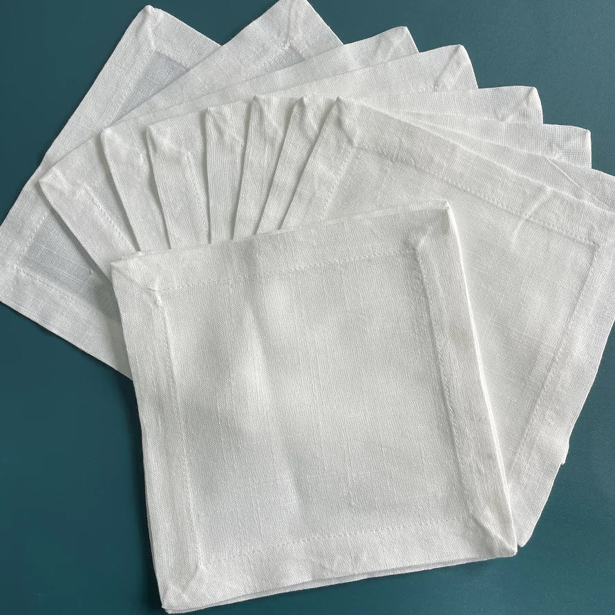 12PCS White Cocktail Napkins - Hemstitch Cotton Linen Dinner Napkins for Party & Wedding Table