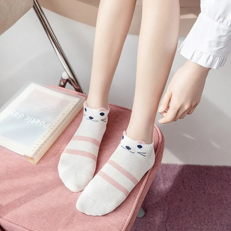 Women's Pink Cat Short Tube Socks - Cute Low Top Casual Socks, 5/10/20 Pairs