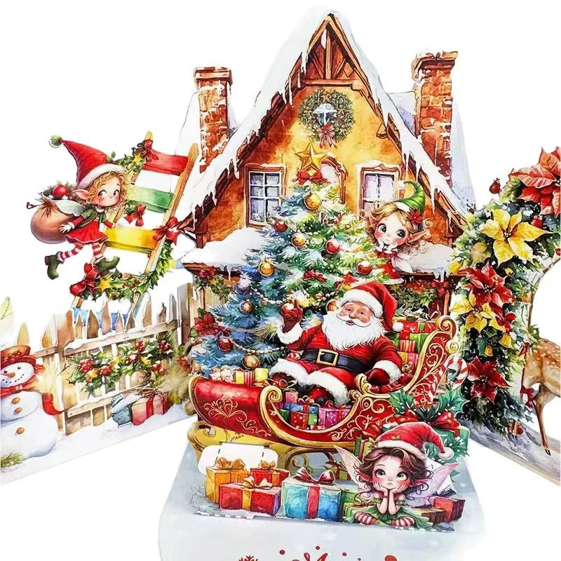 3D Christmas Card – Night Before Christmas Pop-Up Scene with Santa, Reindeer & Snowy Village