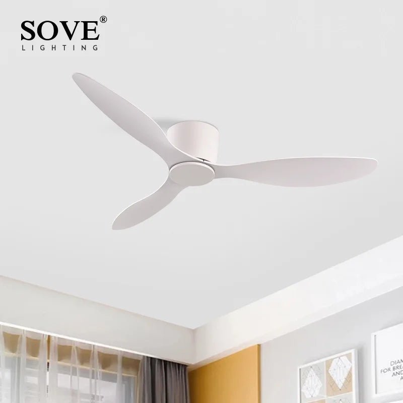 SOVE Modern Black & White Low Floor Ceiling Fan – 30W DC Motor with Remote Control, No Light, 220V