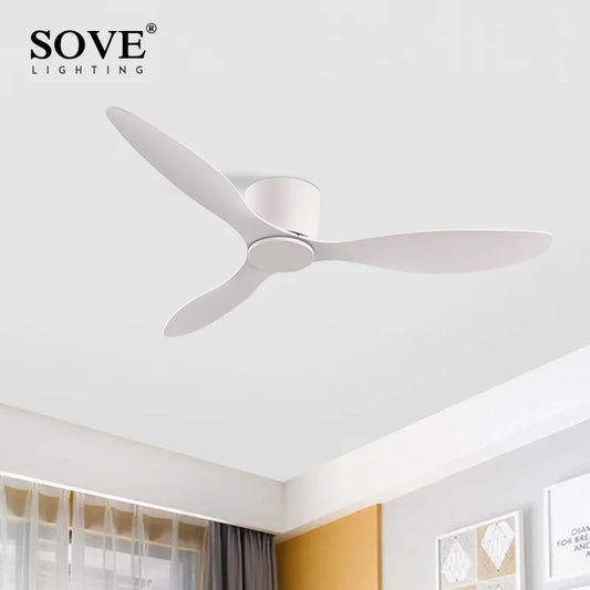 SOVE Modern Black & White Low Floor Ceiling Fan – 30W DC Motor with Remote Control, No Light, 220V