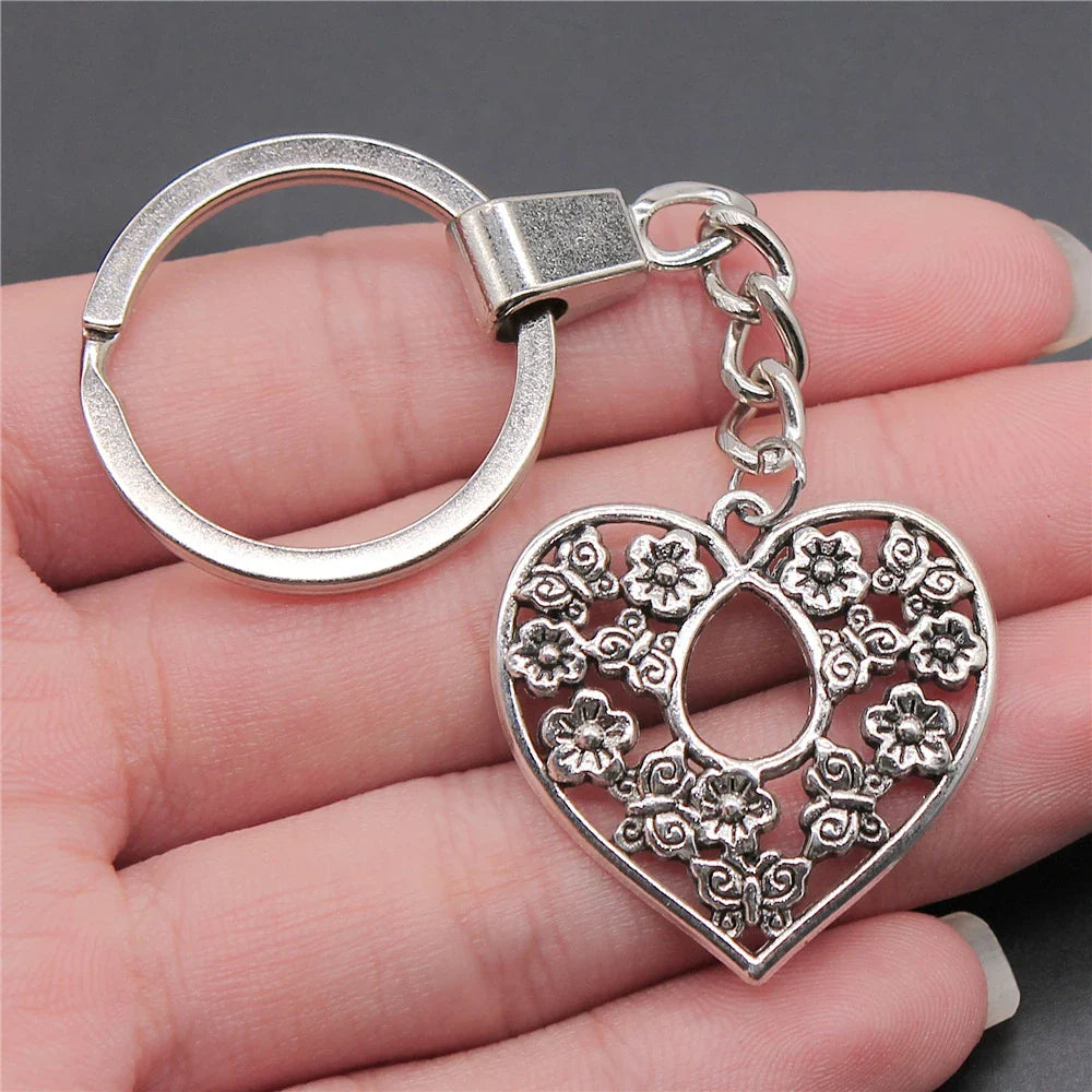 New Fashion Men 30mm Metal Alloy Keychain with Vintage Heart, Flower, Rose, Sunflower & Tree Pendant DIY Keyring Holder Chain Accessory