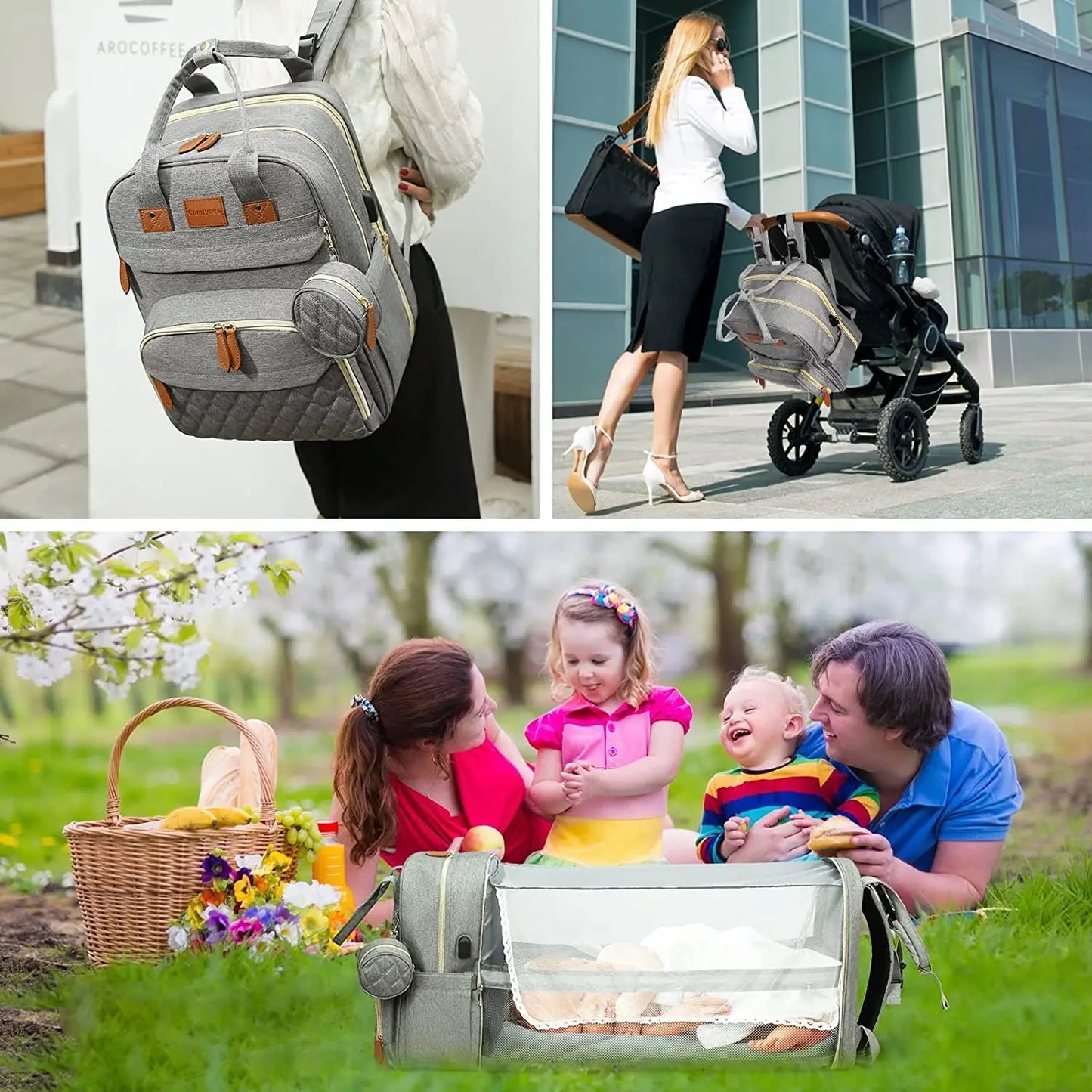 3-in-1 Diaper Bag Backpack – Waterproof Travel Bag with Foldable Baby Bed & USB Charging