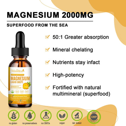 Mulittea Magnesium Glycinate Drops – Pineapple Flavor for Mood Calm, Muscle Relaxation, Sleep Support & Nerve Health