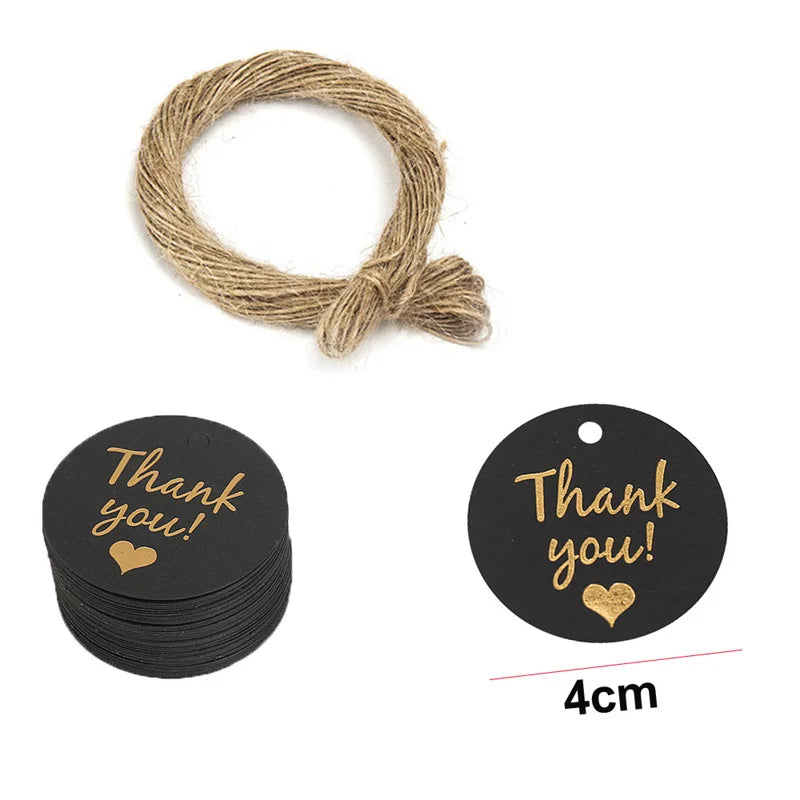 100PCS Hemp Rope & 20m Gilded Hanging Tags – Cowhide Black & White Cardboard Blank DIY Heart & Circle Labels