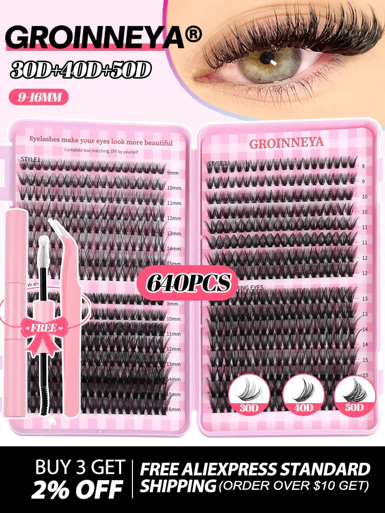 GROINNEYA DIY Mixed Lash Clusters Set – Fluffy Individual Lash Extensions Kit with Bond & Seal for At-Home Makeup