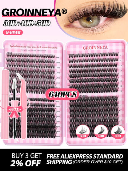 GROINNEYA DIY Mixed Lash Clusters Set – Fluffy Individual Lash Extensions Kit with Bond & Seal for At-Home Makeup