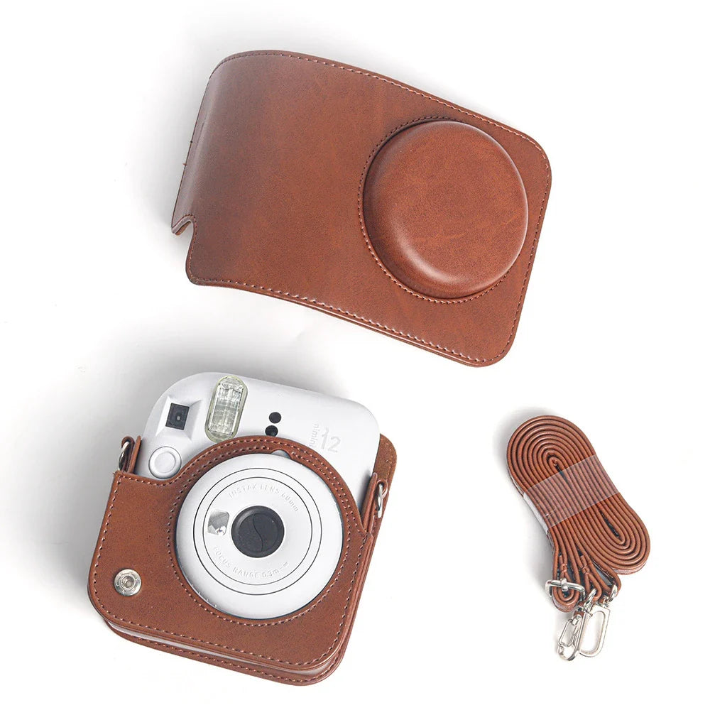 Retro Soft Mini Camera Case - PU Leather Cover with Shoulder Strap for Instax Mini 12
