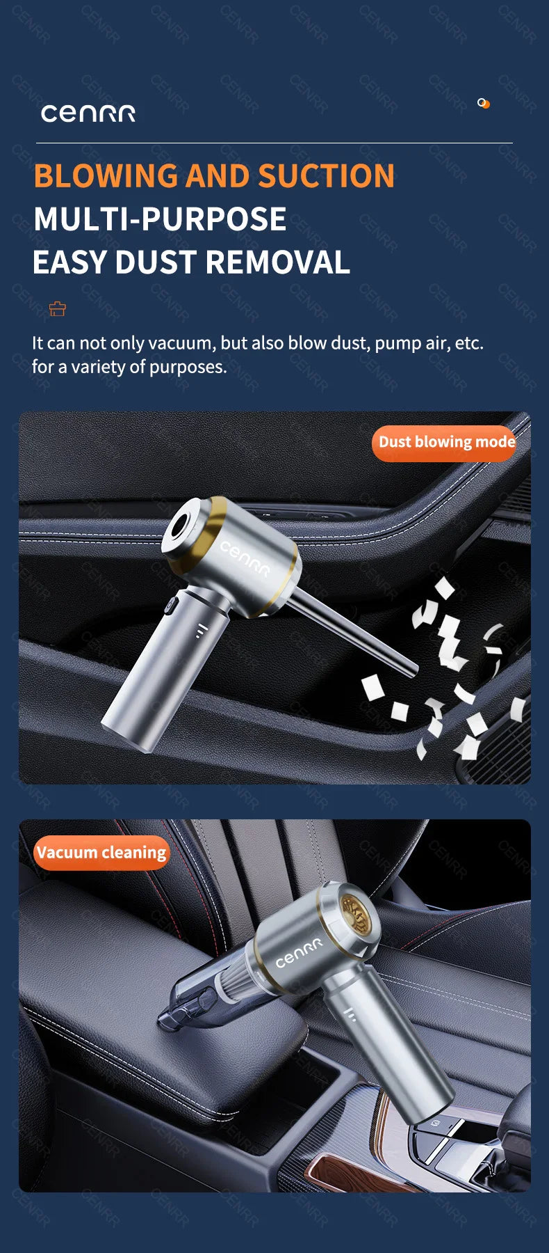 CENRR 360000PA Mini Cordless Car Vacuum Cleaner – Powerful Handheld Portable Wireless Cleaning Machine