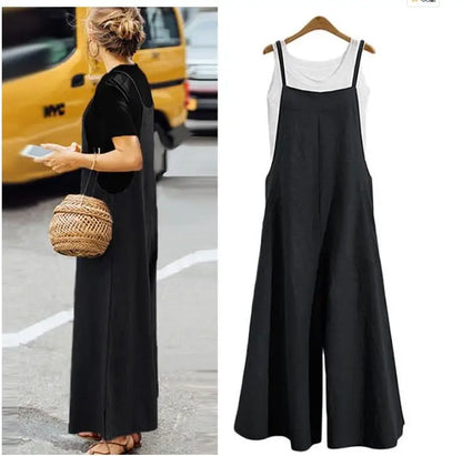 Women’s Summer Wide Leg Jumpsuit Overalls – Solid Color Sleeveless Cotton Linen Bib Dungaree, Casual Loose Fit Plus Size 5XL