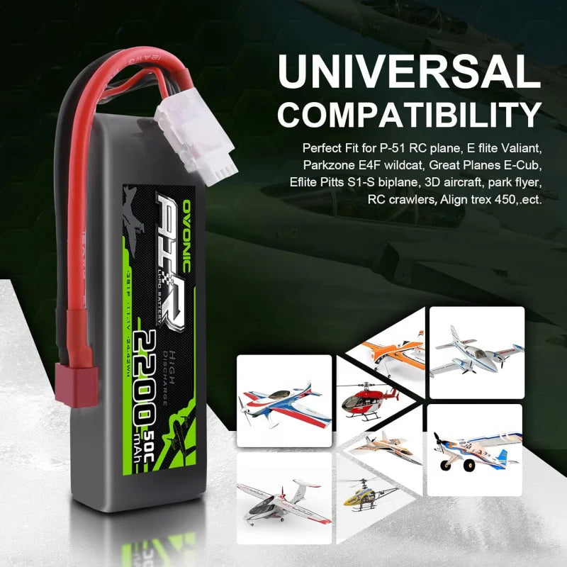 OVONIC 3S 2200mAh 11.1V LiPo Battery — 50C RC Battery with Dean Connector for Airplane, Quadcopter, Helicopter, and FPV Drone