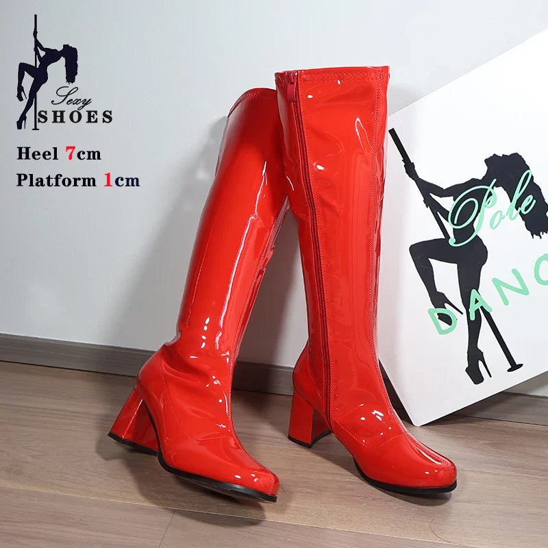 Women’s 7cm Retro Gogo Boots - 60s 70s Knee-High Square Heel Party Boots with Zip Size 44-45