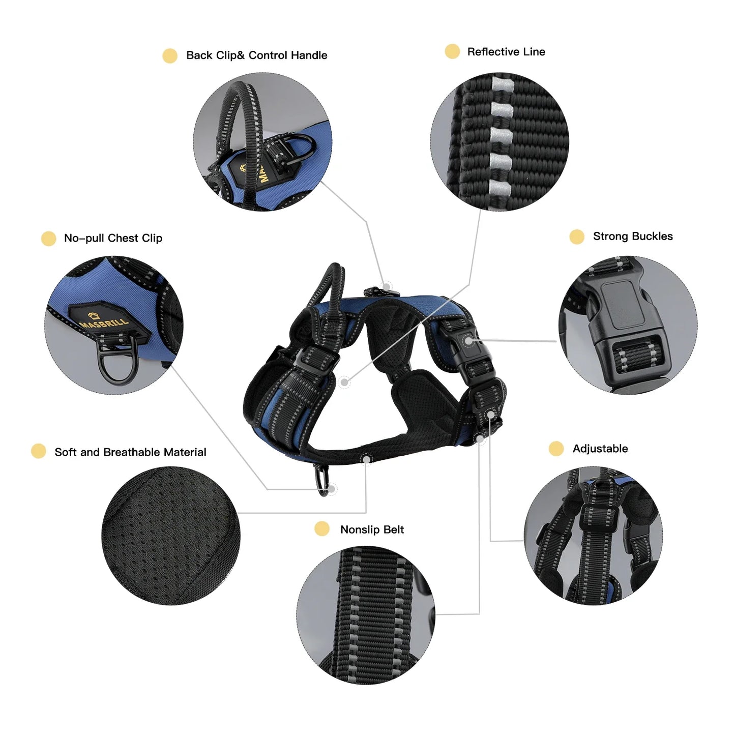 MASBRILL Reflective Nylon No-Pull Dog Harness: Adjustable Vest for Medium to Large Dogs - Safety Vehicular Lead for Walking and Running