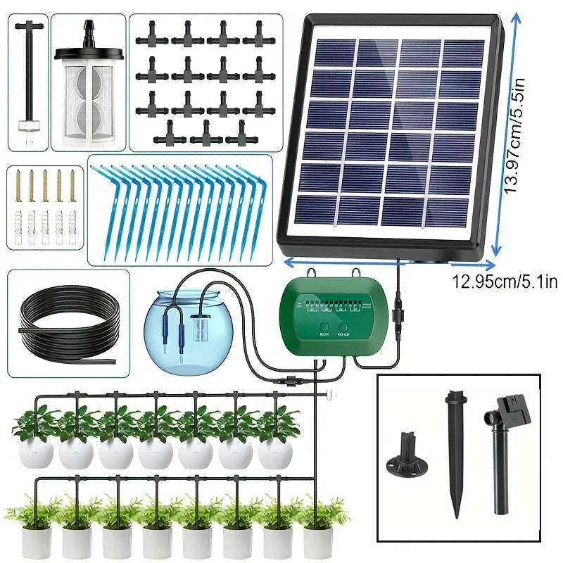 Solar Drip Irrigation System Kit – Automatic DIY Garden Watering Timer with Display Screen for Plants & Travel Use