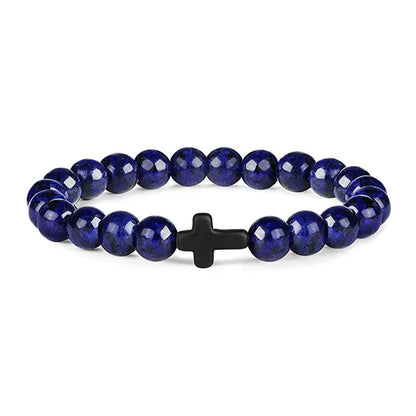 Natural Stone & Wood Bead Rosary Bracelet - Hematite Cross Meditation & Yoga Jewelry for Men & Women