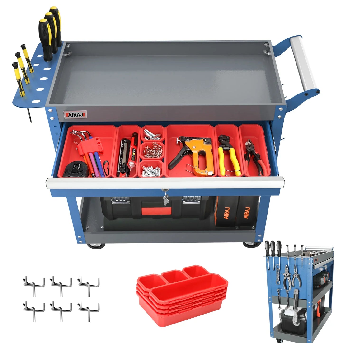 AIRAJ 3-Tier Rolling Tool Cart — Heavy-Duty Metal Mechanic Utility Cart with Drawers, Wheels & Pegboard