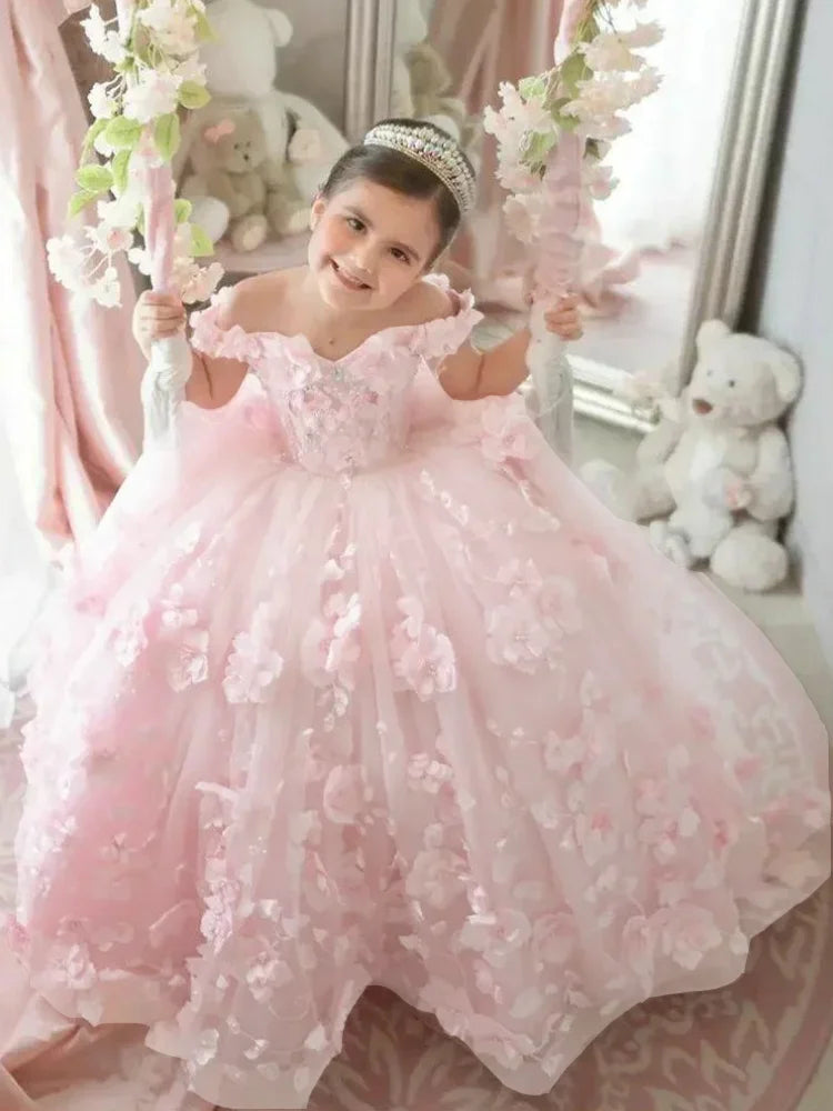Pink Flower Girl Dress - 3D Floral Applique Pearl Tulle Gown for Weddings & Parties