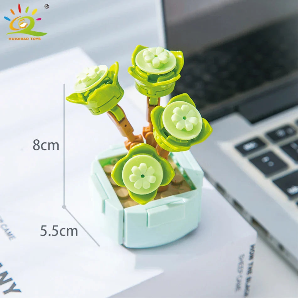 HUIQIBAO MOC Flower & Succulent Potted Building Block Set – DIY Eternal Bouquet, Home Desk Plant Decor, Girls & Kids Toy Gift