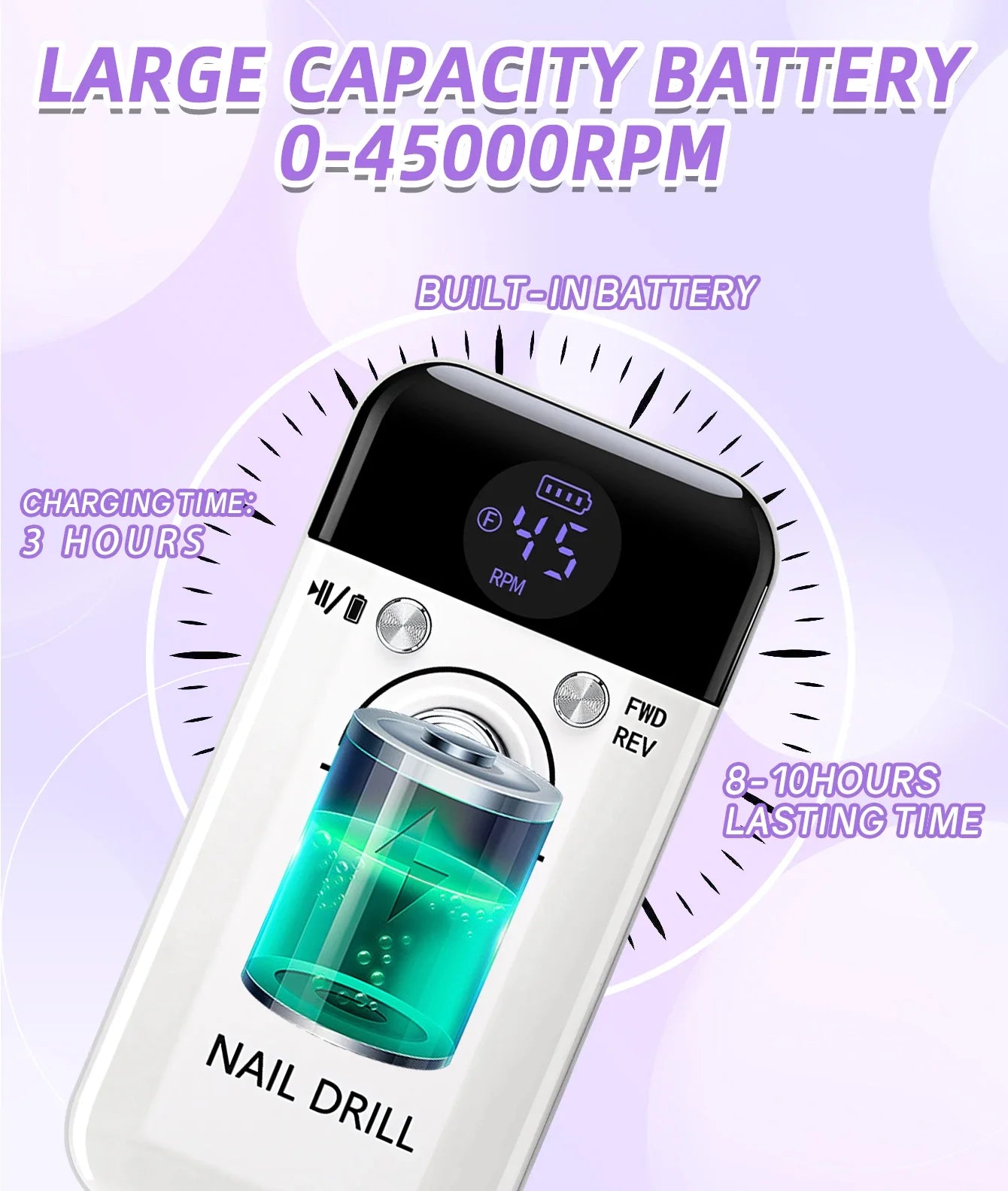 45000RPM Portable Rechargeable Nail Drill Machine – Low Noise Nail Sander & File for Manicure Salon Use