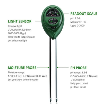3-in-1 Soil Moisture, Sunlight, and pH Meter - Garden Plant and Flower Moisture Sunlight Tester