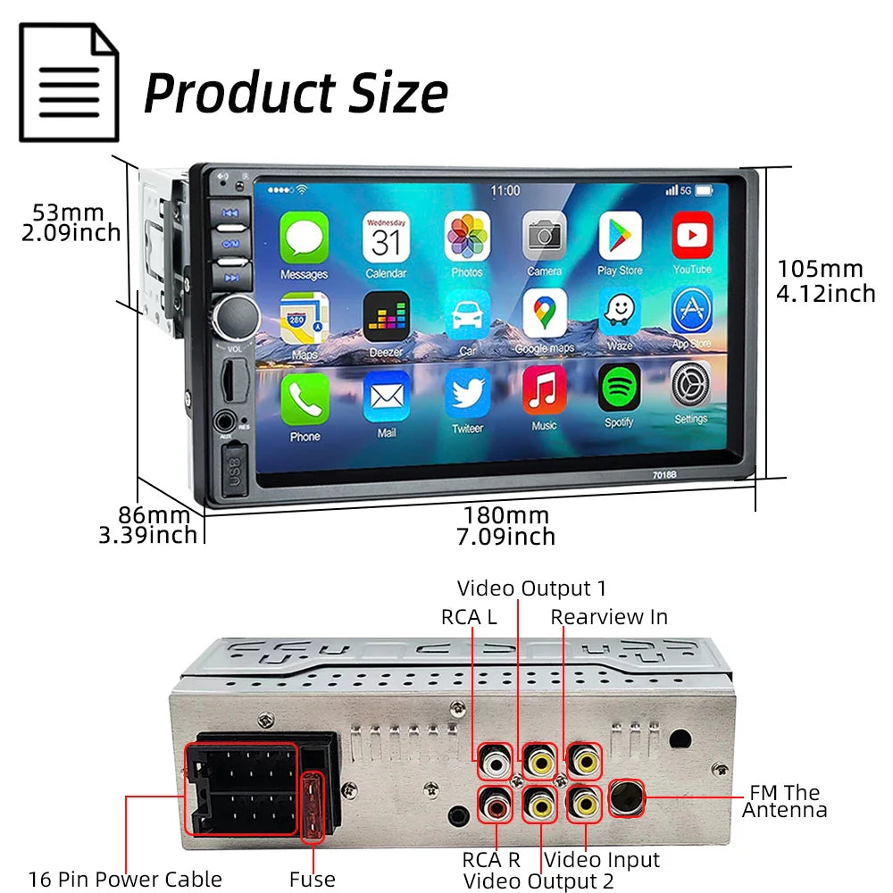 HIPPBQCC 7" 1DIN Car Radio MP5 Multimedia Player – Touchscreen FM ISO Power Aux Input Bluetooth USB Mirror Link Autoradio