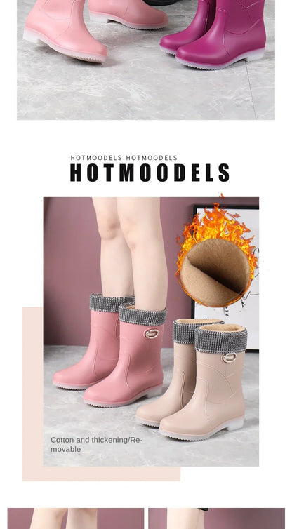 Women’s Fashion Mid-Tube Rain Boots – Wear-Resistant, Waterproof Rubber Shoes with Thick Sole, Non-Slip & Cotton Lining