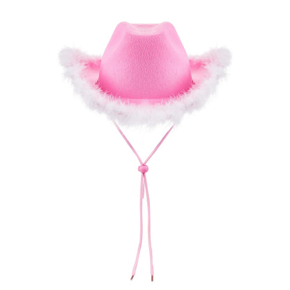 Women's Cowboy Hat – Wide Brim Solid Color with Furry Trim for Parties & Outings