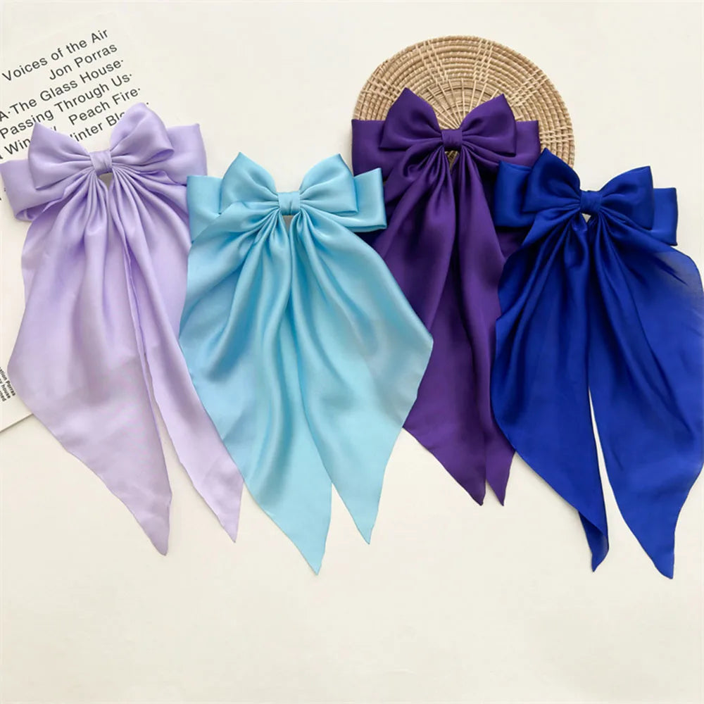 Ladies Satin Oversized Ribbon Bow Hair Clip – White, Pink, Red, Blue, Black, Long Tail Spring Clip for Ponytail Hair Accessories